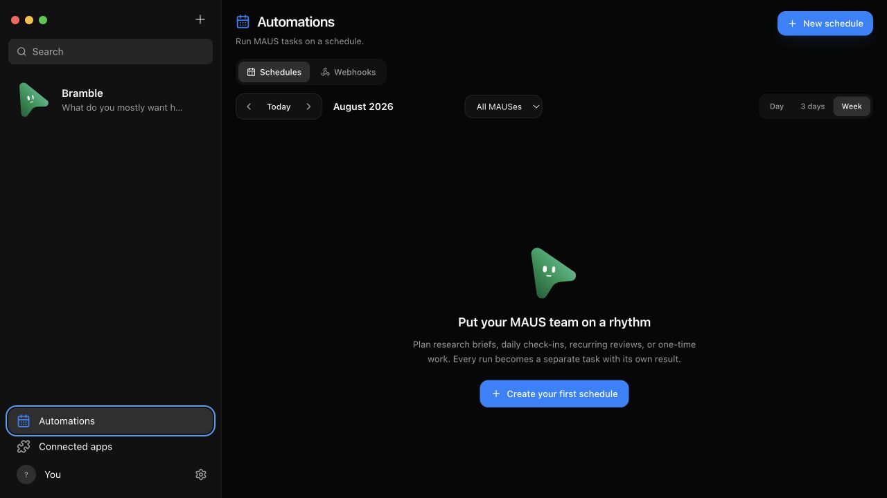An empty Dash Bot automations calendar ready for its first schedule