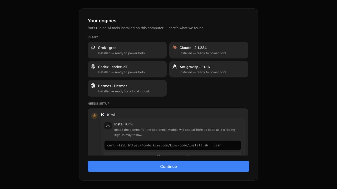 Dash Bot checking which agent engines are installed