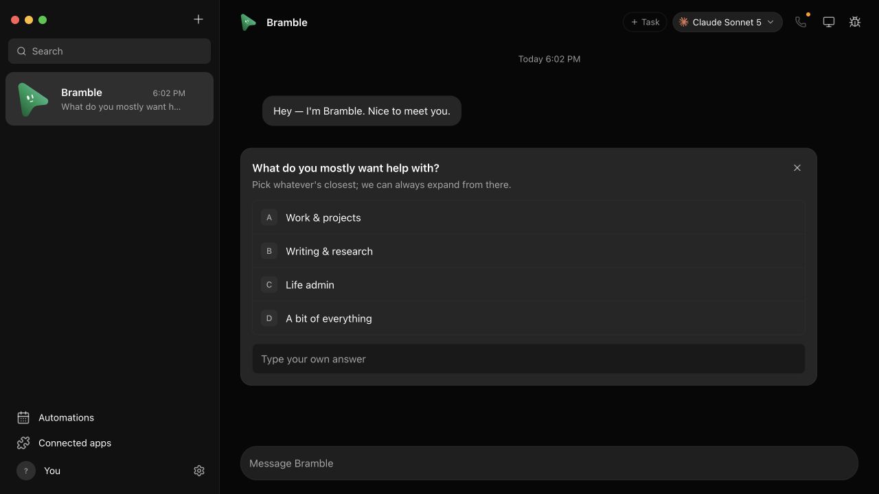 A new Dash Bot bot named Bramble asking what it should help with